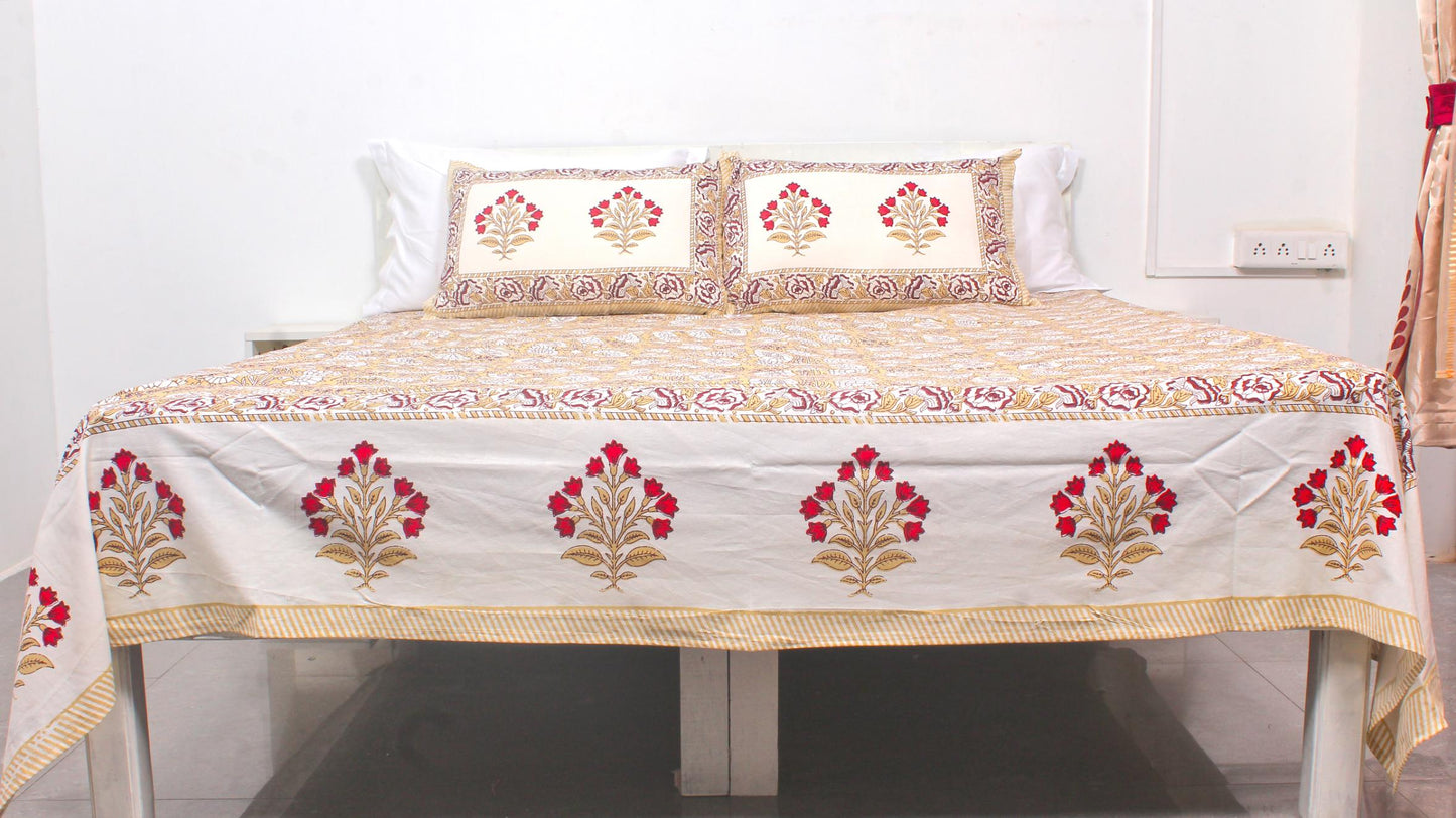 Sandal Flower Hand Printed King Size Bedsheet 108 x 108 Inches with 2 Pillow Covers