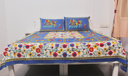 Blue Borderd Ethnic Printed King Size Double Bedsheet 93 x 108 Inches with 2 Pillow Covers