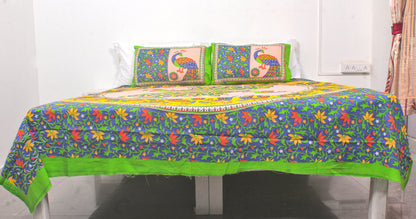 Green Peacock Print Double Bedsheet 90 X 100 Inches with 2 Pillow Covers