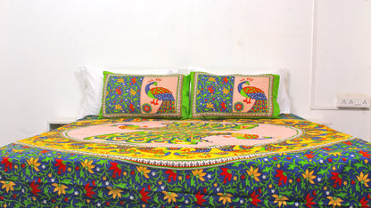 Green Peacock Print Double Bedsheet 90 X 100 Inches with 2 Pillow Covers