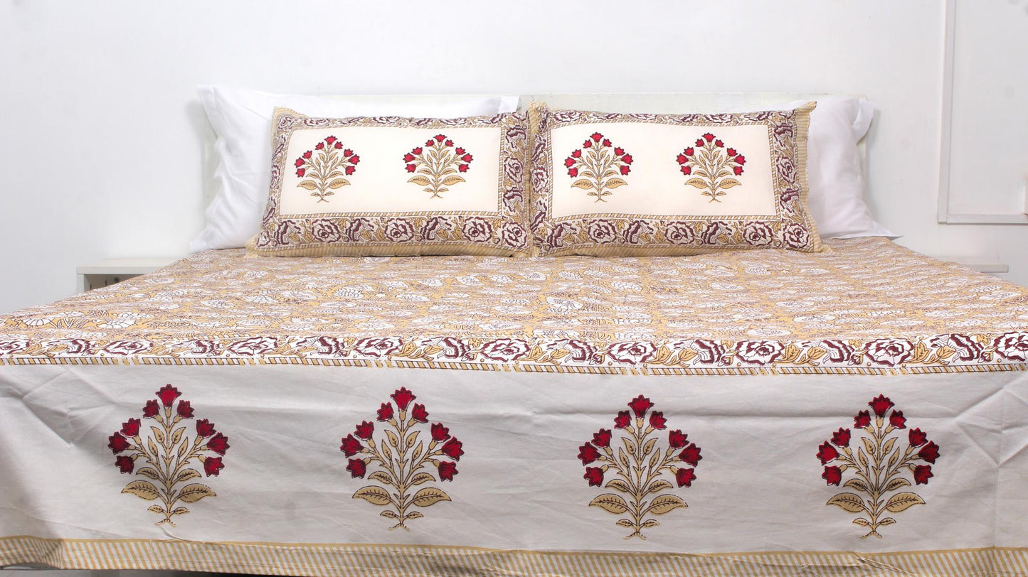 Sandal Flower Hand Printed King Size Bedsheet 108 x 108 Inches with 2 Pillow Covers