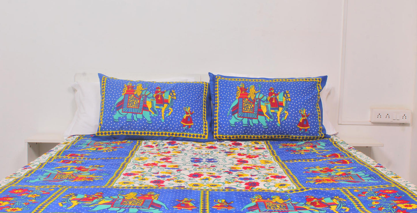 Blue Borderd Ethnic Printed King Size Double Bedsheet 93 x 108 Inches with 2 Pillow Covers