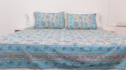 Blue & Grey Flower Motif Borderd Printed King Size Bedsheet 108 x 108 Inches with 2 Pillow Covers