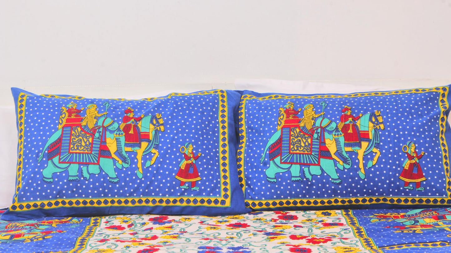 Blue Borderd Ethnic Printed King Size Double Bedsheet 93 x 108 Inches with 2 Pillow Covers