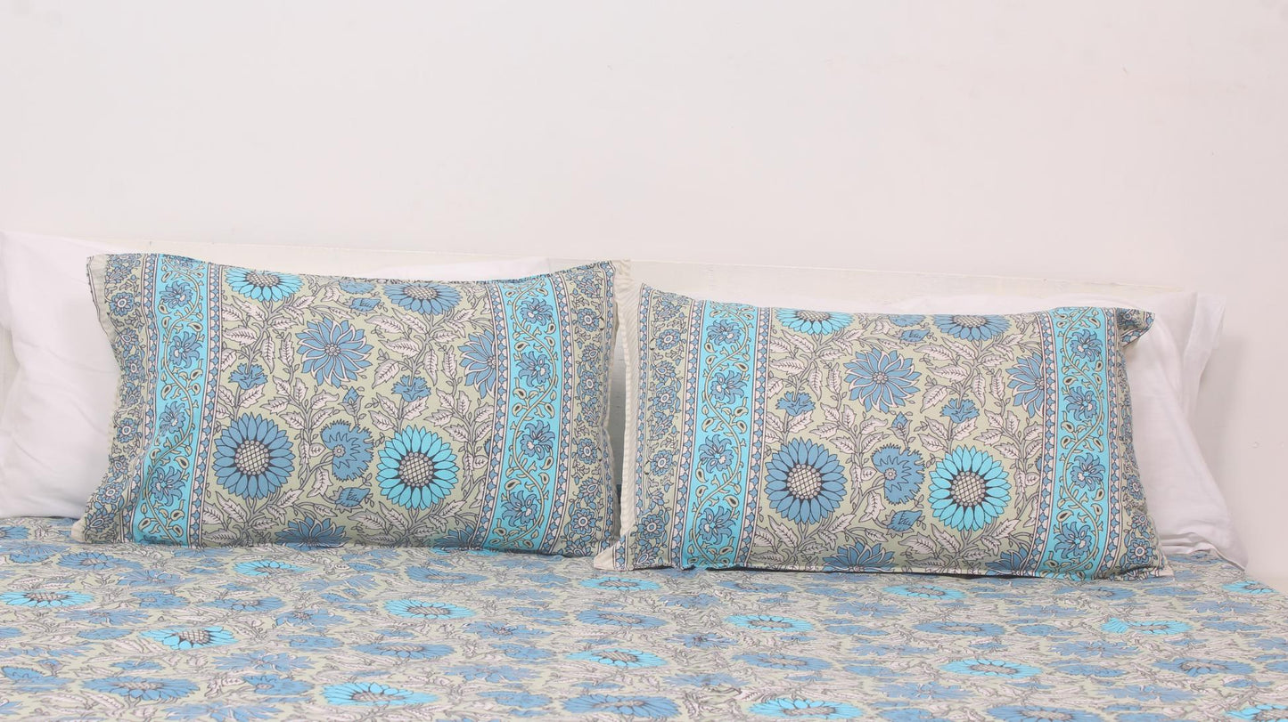 Blue & Grey Flower Motif Borderd Printed King Size Bedsheet 108 x 108 Inches with 2 Pillow Covers