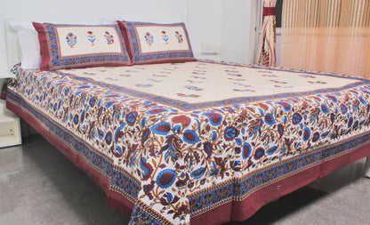 Peach & Maroon Traditional Floral Printed King Size Double Bedsheet 93 X 108 Inches with 2 Pillow Covers