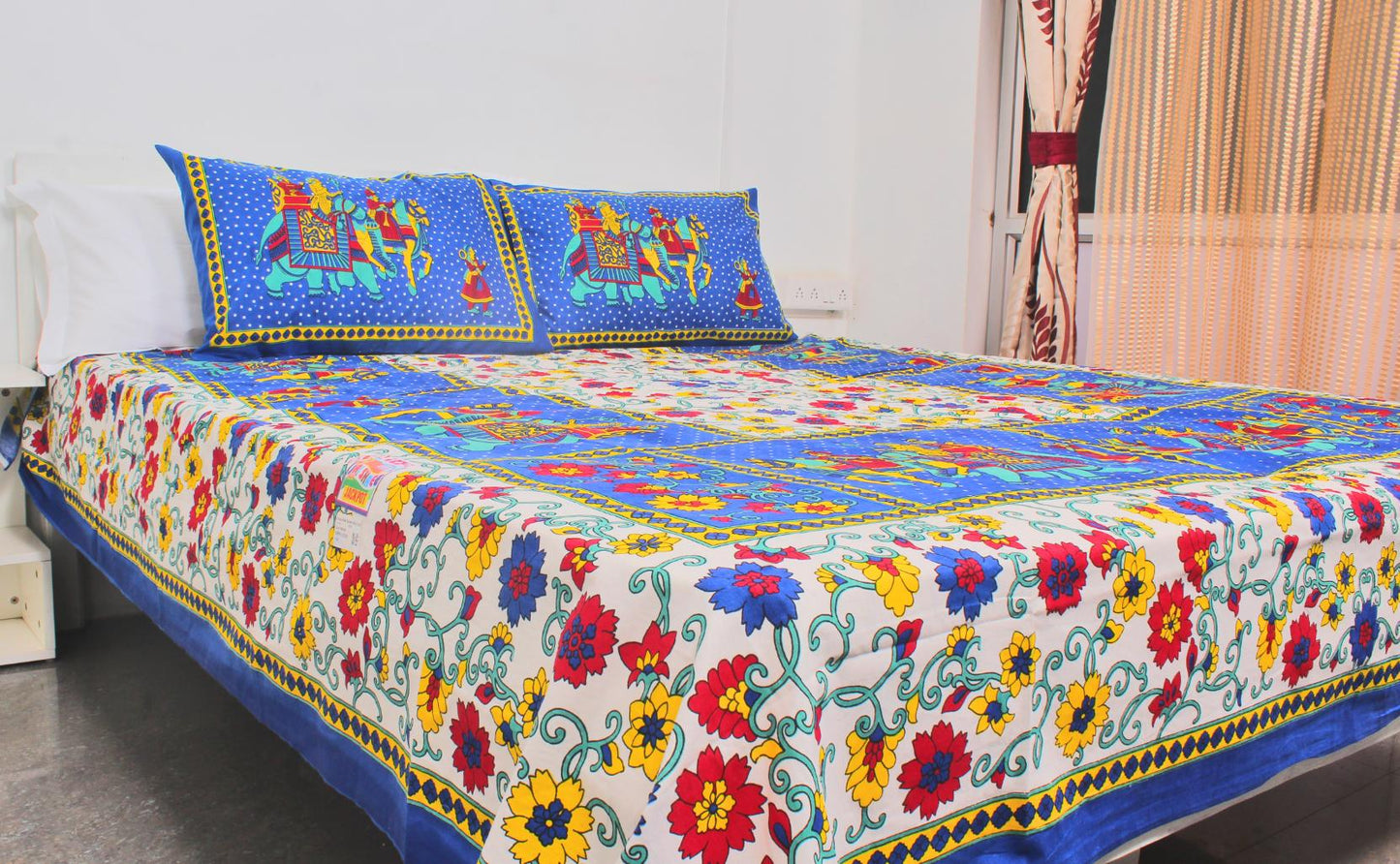 Blue Borderd Ethnic Printed King Size Double Bedsheet 93 x 108 Inches with 2 Pillow Covers