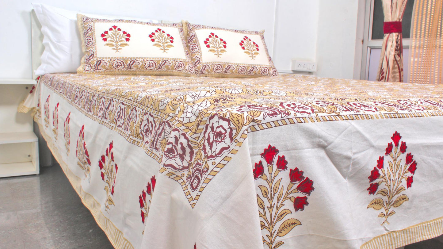 Sandal Flower Hand Printed King Size Bedsheet 108 x 108 Inches with 2 Pillow Covers