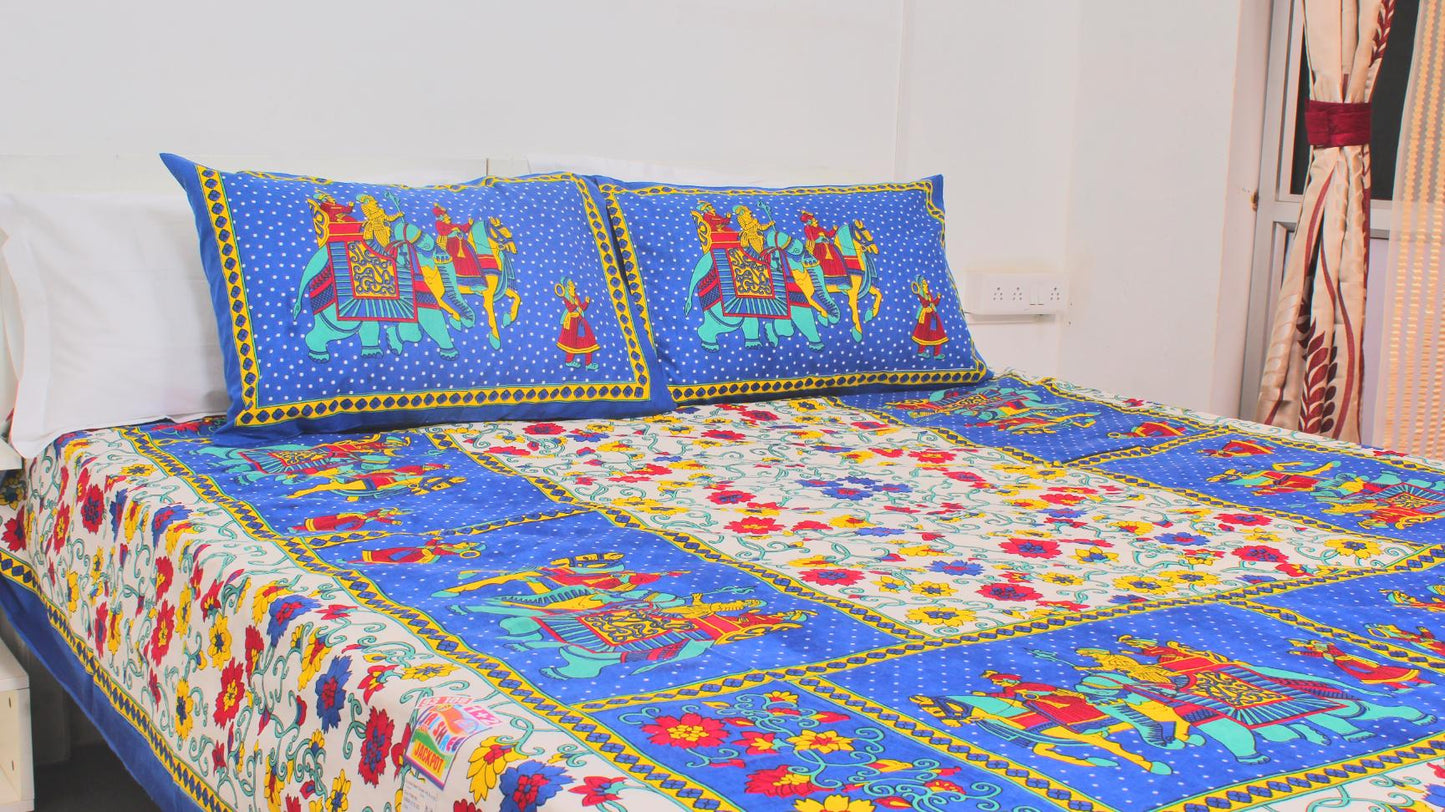 Blue Borderd Ethnic Printed King Size Double Bedsheet 93 x 108 Inches with 2 Pillow Covers