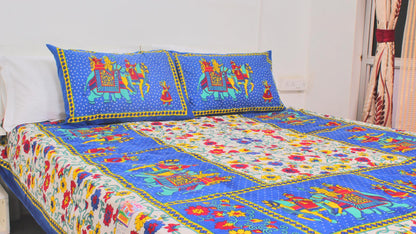 Blue Borderd Ethnic Printed King Size Double Bedsheet 93 x 108 Inches with 2 Pillow Covers