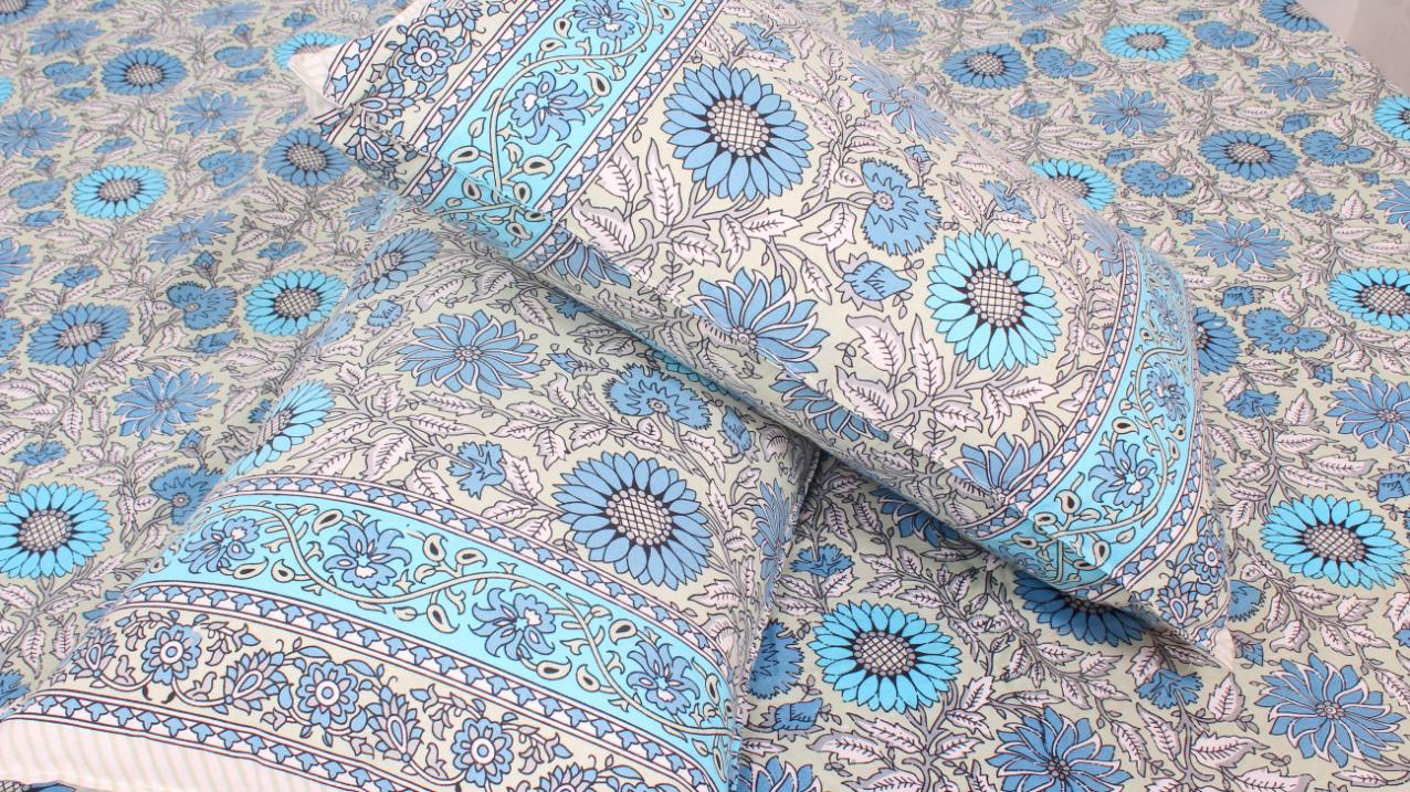 Blue & Grey Flower Motif Borderd Printed King Size Bedsheet 108 x 108 Inches with 2 Pillow Covers