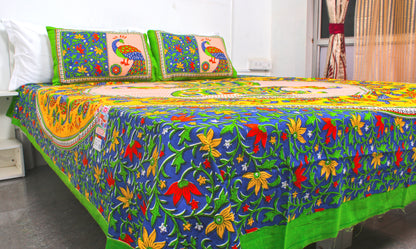 Green Peacock Print Double Bedsheet 90 X 100 Inches with 2 Pillow Covers