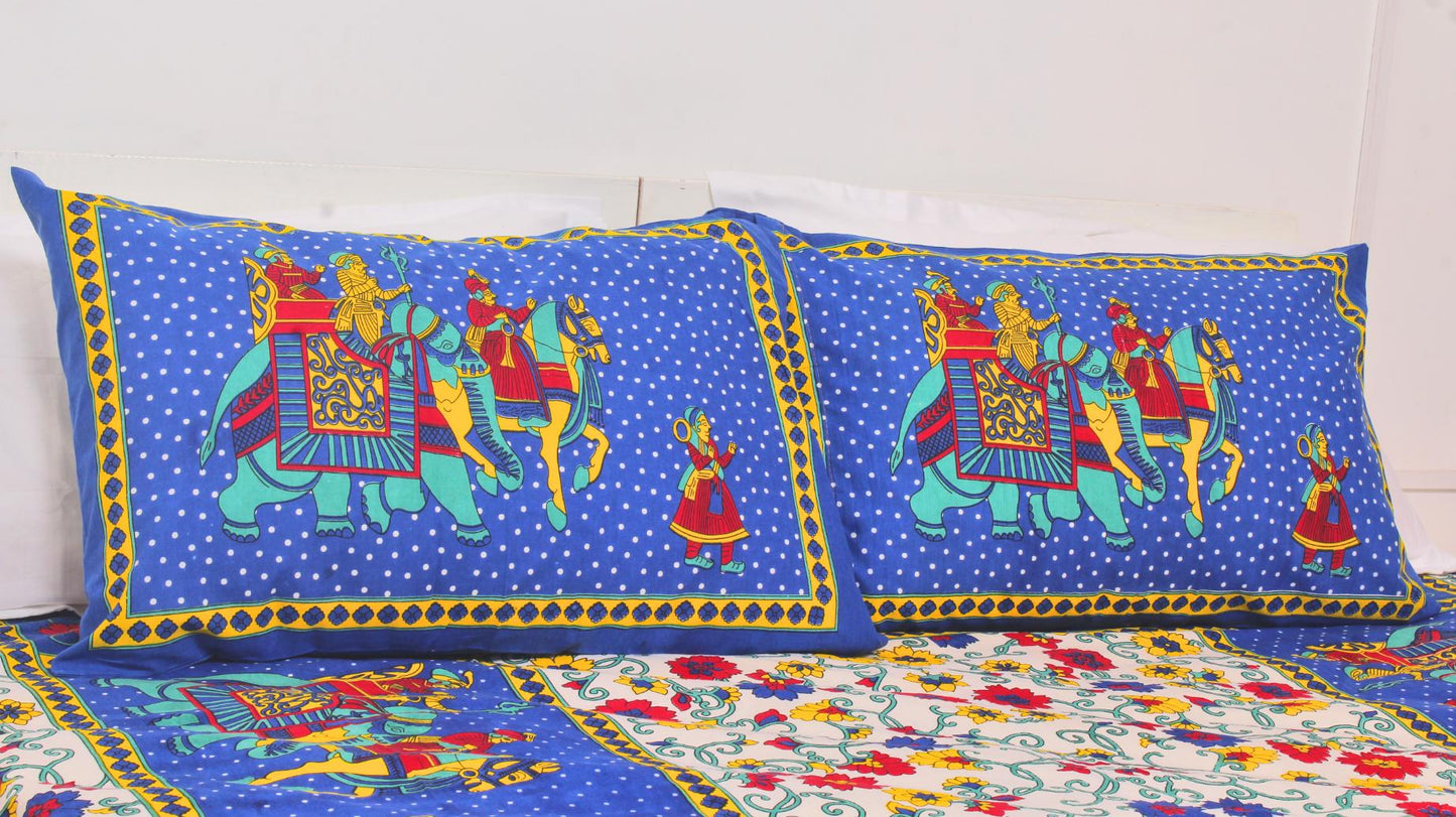 Blue Borderd Ethnic Printed King Size Double Bedsheet 93 x 108 Inches with 2 Pillow Covers