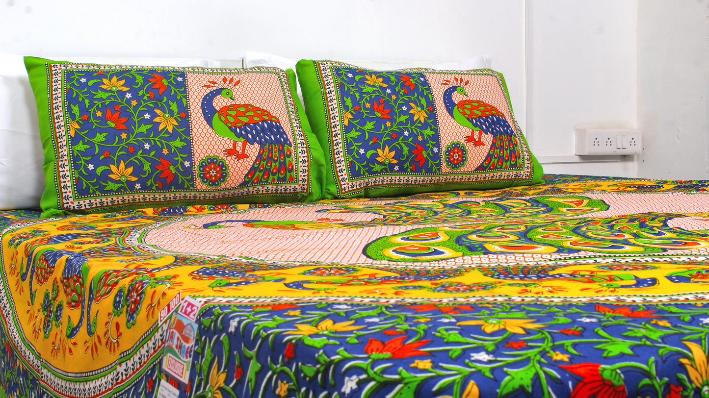 Green Peacock Print Double Bedsheet 90 X 100 Inches with 2 Pillow Covers