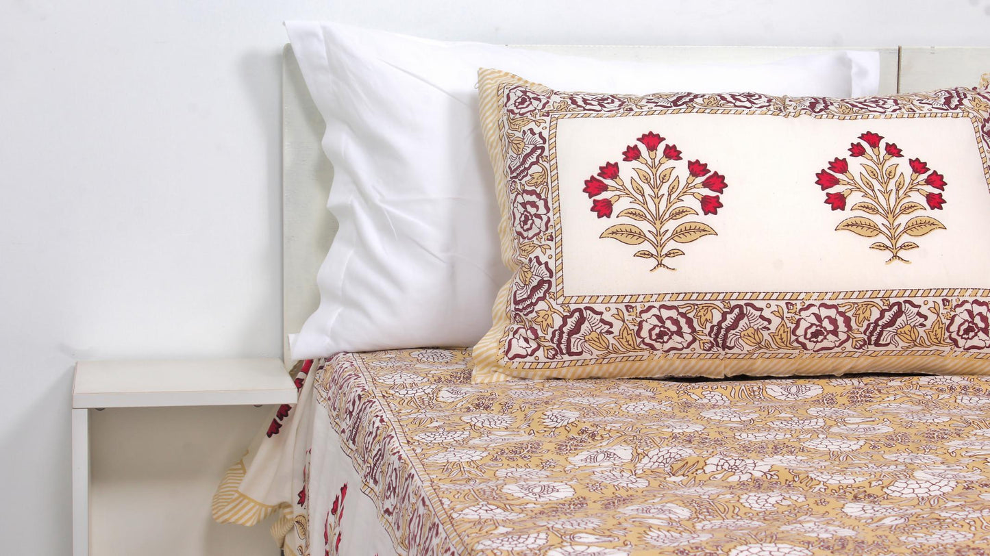 Sandal Flower Hand Printed King Size Bedsheet 108 x 108 Inches with 2 Pillow Covers