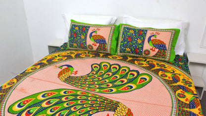 Green Peacock Print Double Bedsheet 90 X 100 Inches with 2 Pillow Covers