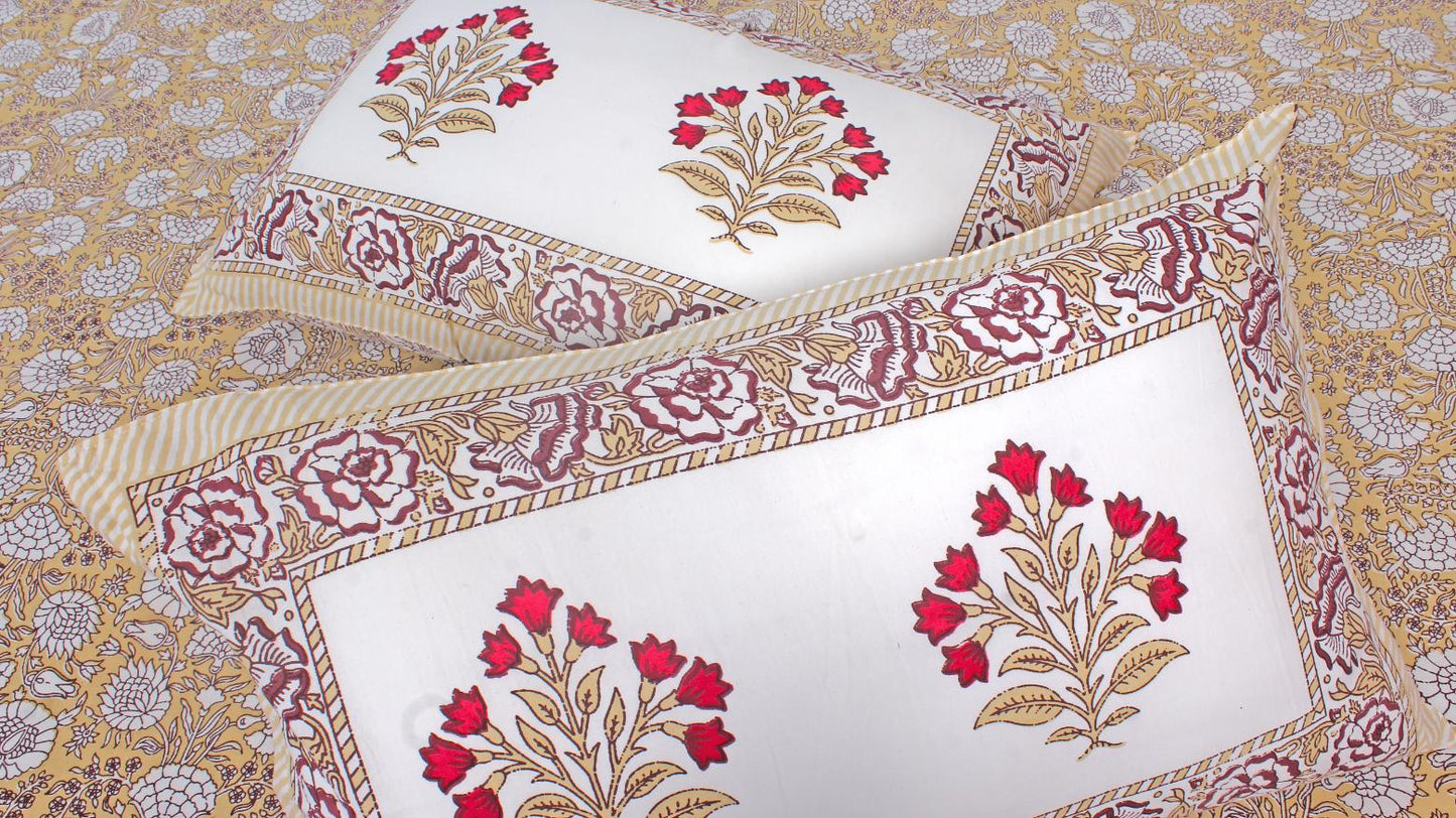 Sandal Flower Hand Printed King Size Bedsheet 108 x 108 Inches with 2 Pillow Covers