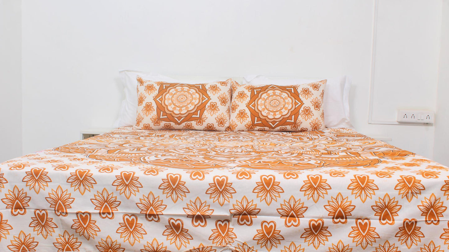 Peach Floral Cotton Printed Double Bedsheet 90 X 100 Inches with 2 Pillow Covers