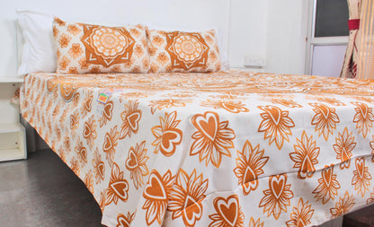 Peach Floral Cotton Printed Double Bedsheet 90 X 100 Inches with 2 Pillow Covers