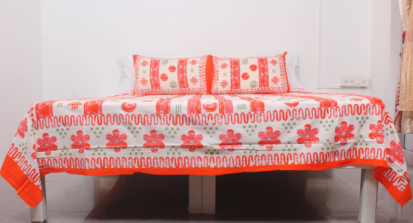 Orange Geometric Cotton Printed Double Bedsheet 90 X 100 Inches with 2 Pillow Covers