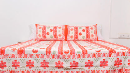 Orange Geometric Cotton Printed Double Bedsheet 90 X 100 Inches with 2 Pillow Covers