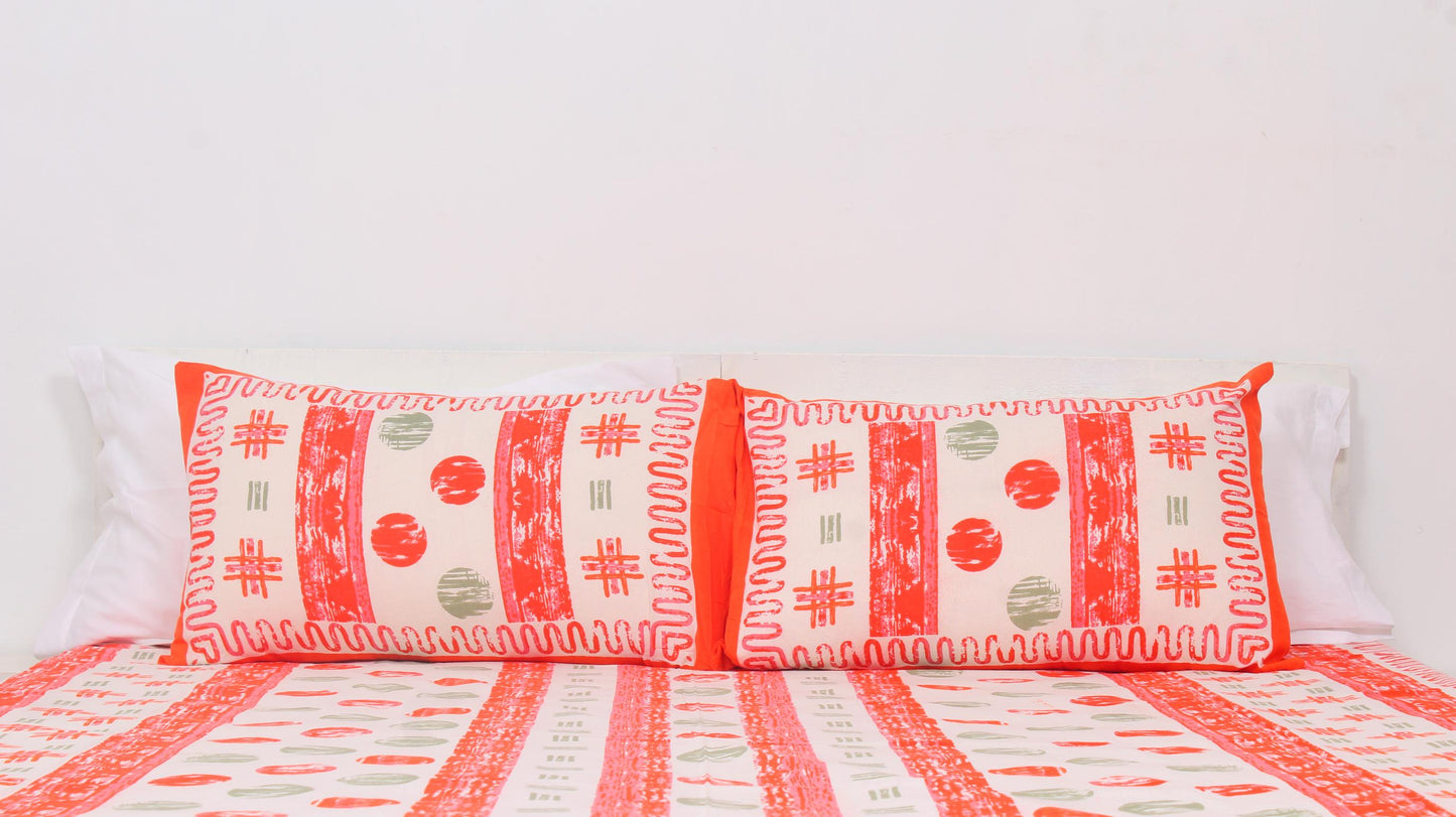 Orange Geometric Cotton Printed Double Bedsheet 90 X 100 Inches with 2 Pillow Covers