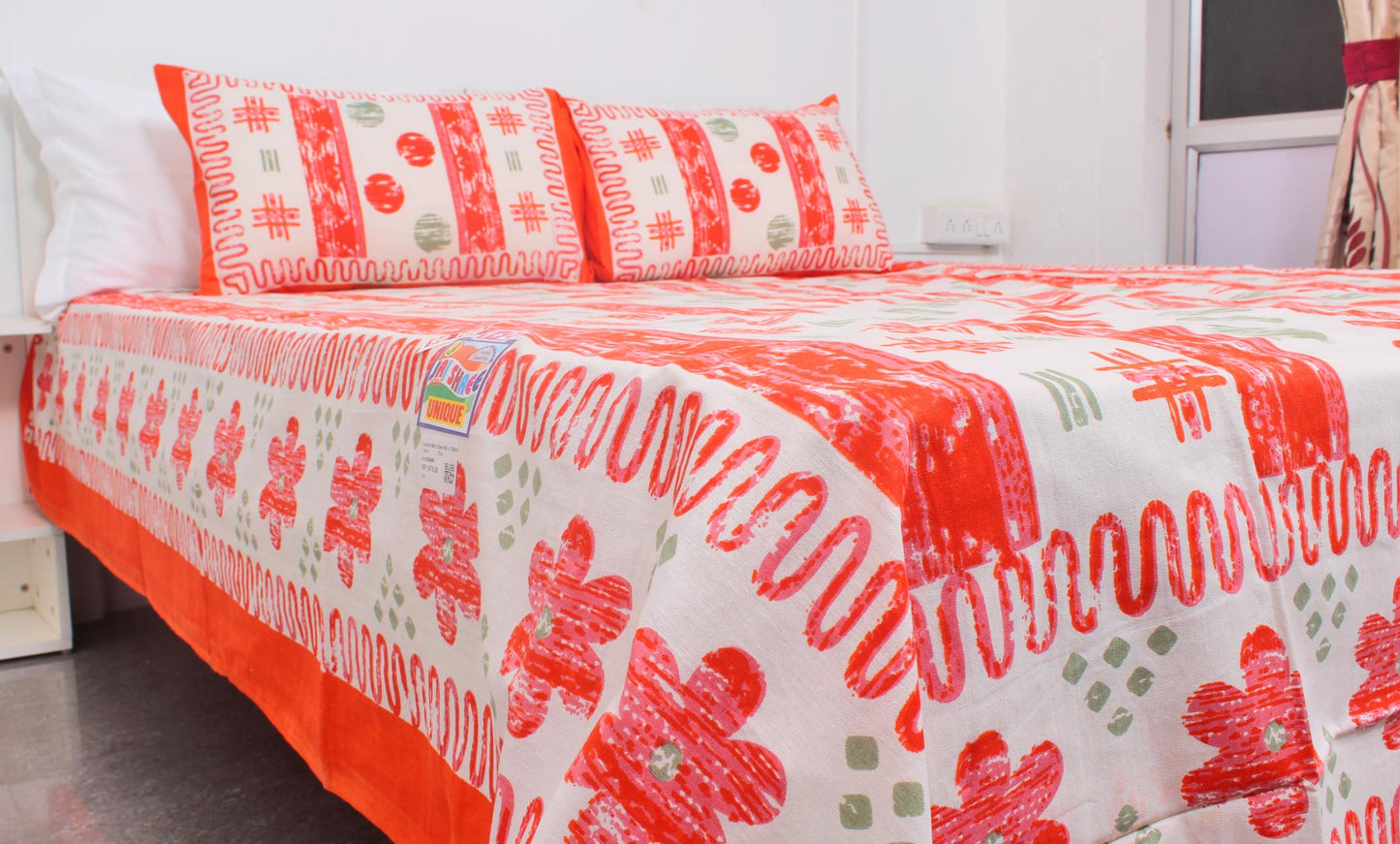 Orange Geometric Cotton Printed Double Bedsheet 90 X 100 Inches with 2 Pillow Covers