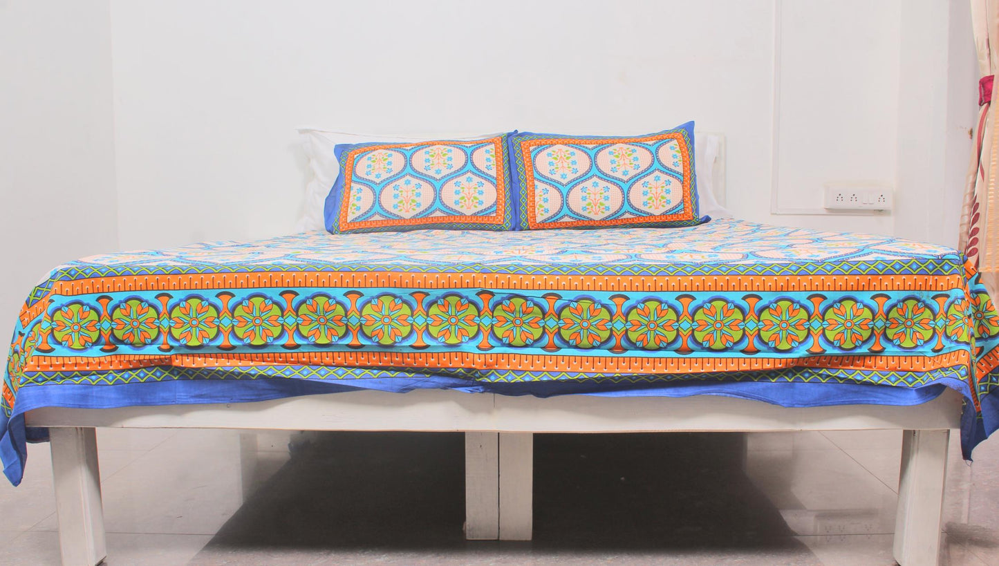 Blue Orange Cotton Printed Double Bedsheet 90 X 100 Inches with 2 Pillow Covers