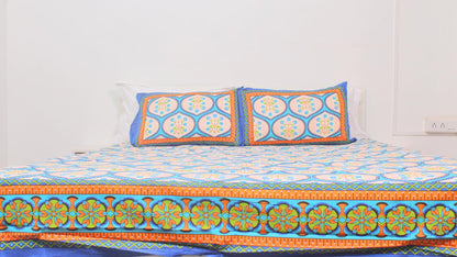 Blue Orange Cotton Printed Double Bedsheet 90 X 100 Inches with 2 Pillow Covers