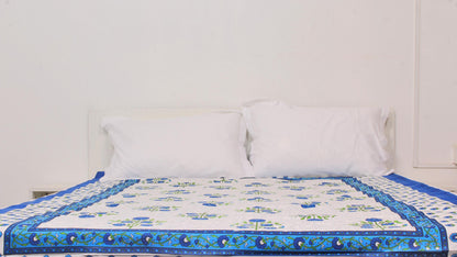 Floral Blue Bordered Print Single Bedsheet 63 X 90 Inches