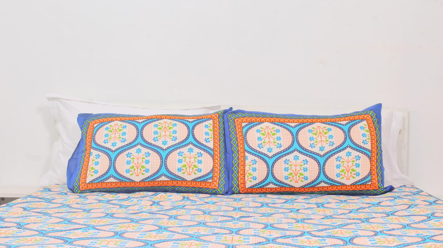 Blue Orange Cotton Printed Double Bedsheet 90 X 100 Inches with 2 Pillow Covers