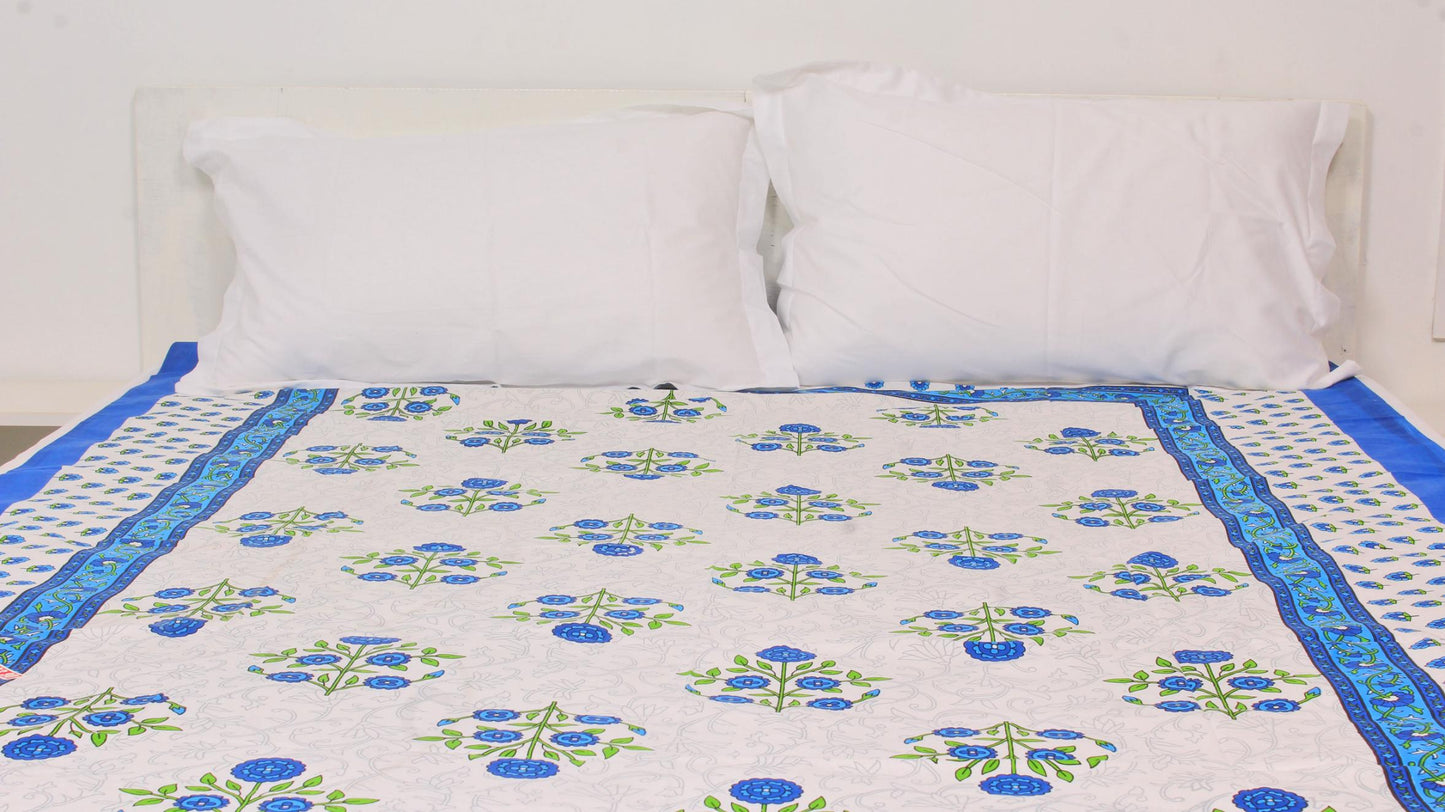 Floral Blue Bordered Print Single Bedsheet 63 X 90 Inches