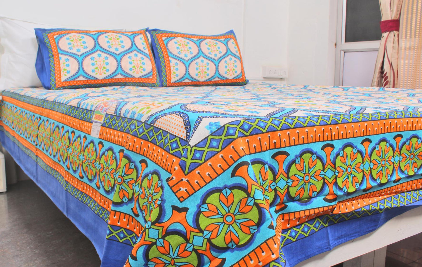 Blue Orange Cotton Printed Double Bedsheet 90 X 100 Inches with 2 Pillow Covers