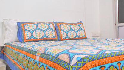 Blue Orange Cotton Printed Double Bedsheet 90 X 100 Inches with 2 Pillow Covers