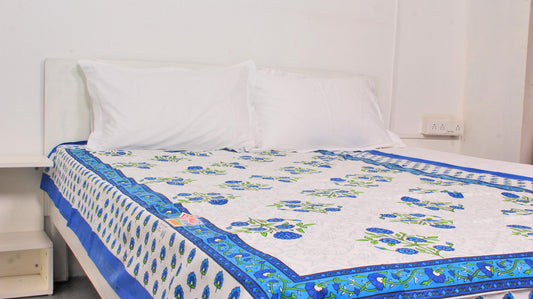 Floral Blue Bordered Print Single Bedsheet 63 X 90 Inches