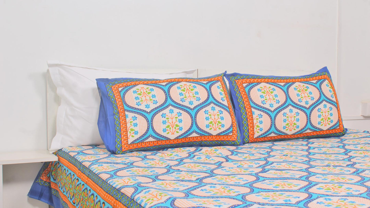 Blue Orange Cotton Printed Double Bedsheet 90 X 100 Inches with 2 Pillow Covers