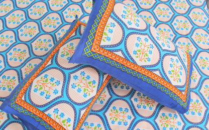 Blue Orange Cotton Printed Double Bedsheet 90 X 100 Inches with 2 Pillow Covers