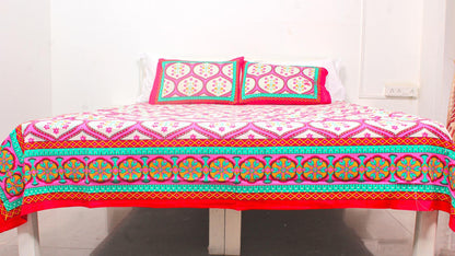 Red & Green Ethnic Cotton Printed Double Bedsheet 90 X 100 Inches with 2 Pillow Covers