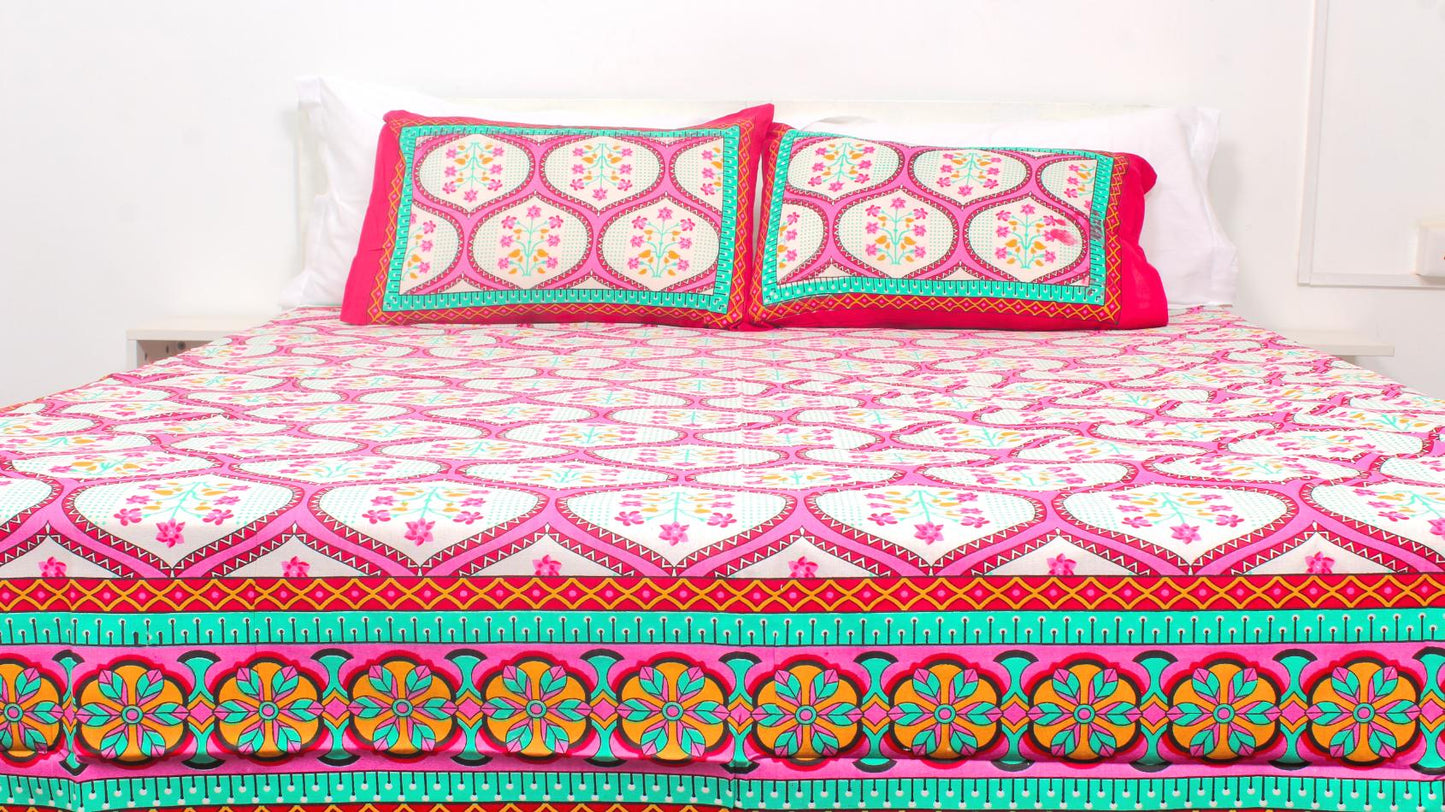 Red & Green Ethnic Cotton Printed Double Bedsheet 90 X 100 Inches with 2 Pillow Covers