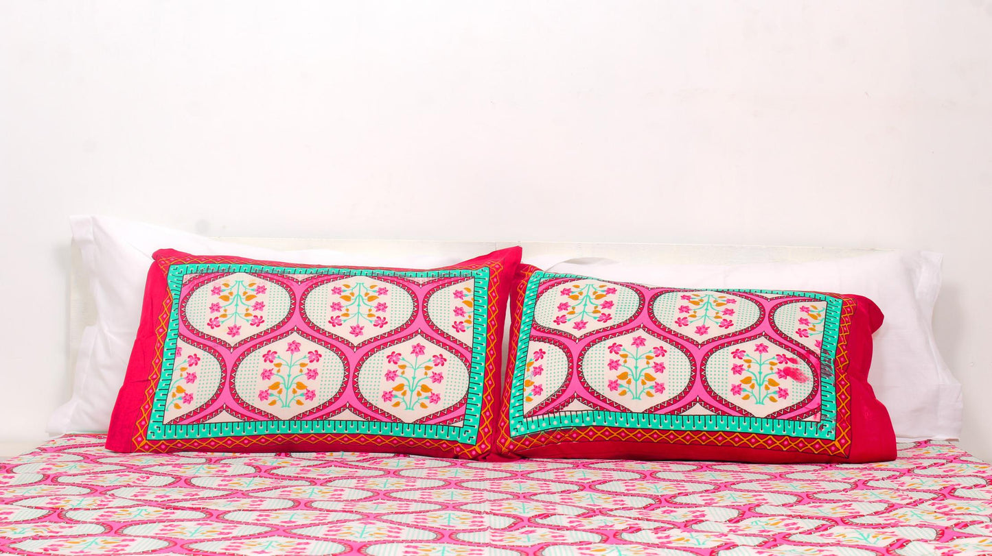 Red & Green Ethnic Cotton Printed Double Bedsheet 90 X 100 Inches with 2 Pillow Covers