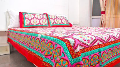 Red & Green Ethnic Cotton Printed Double Bedsheet 90 X 100 Inches with 2 Pillow Covers