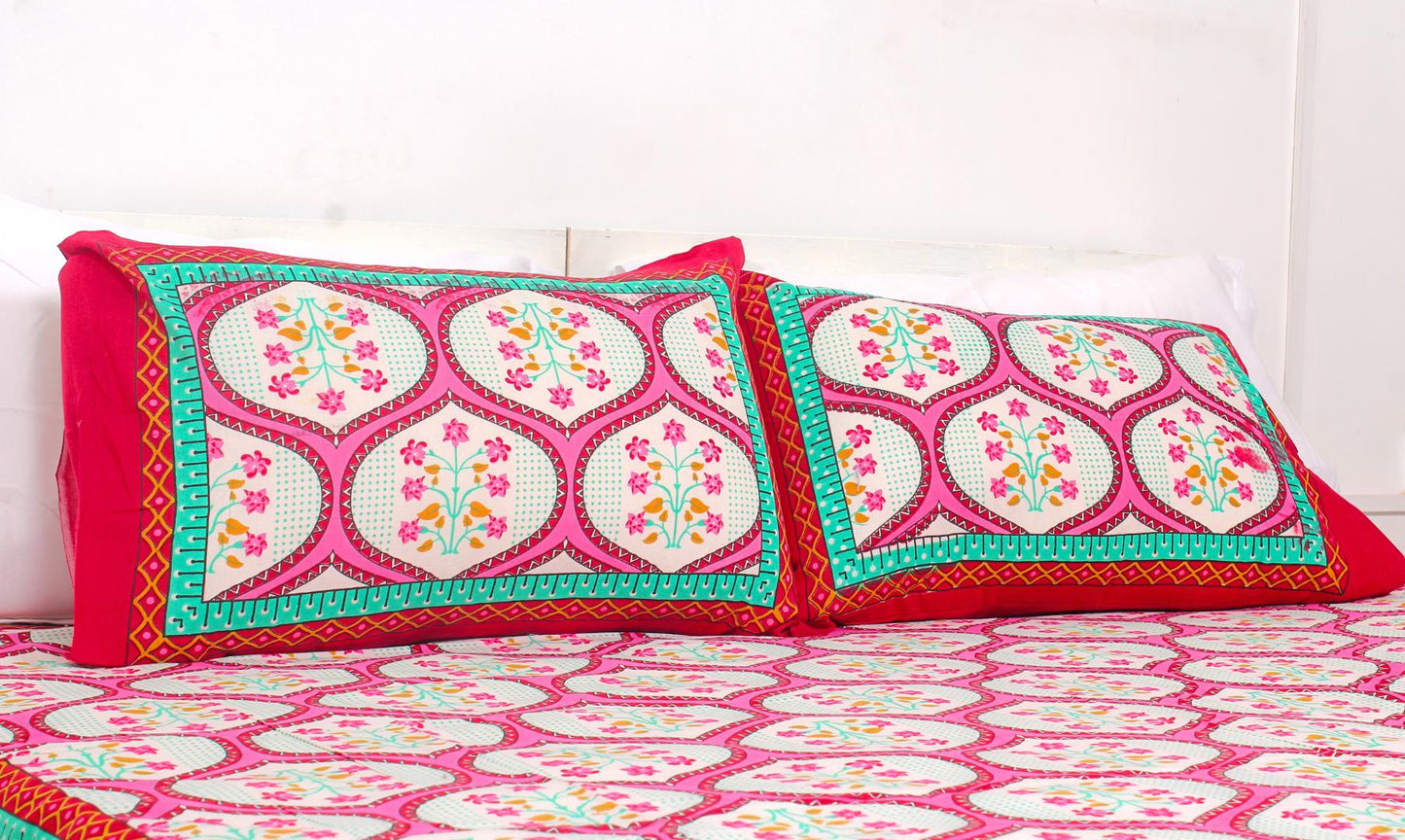 Red & Green Ethnic Cotton Printed Double Bedsheet 90 X 100 Inches with 2 Pillow Covers