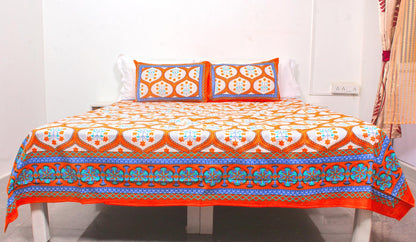 Orange & Blue Ethnic Cotton Printed Double Bedsheet 90 X 100 Inches with 2 Pillow Covers