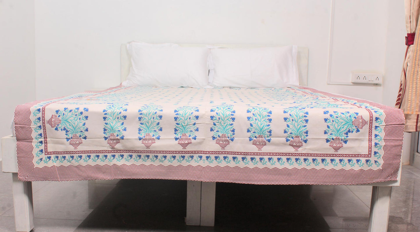 Blue Floral Bordered Print Single Bedsheet 63 X 90 Inches