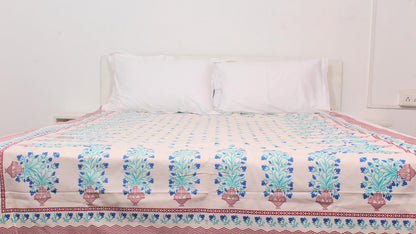 Blue Floral Bordered Print Single Bedsheet 63 X 90 Inches