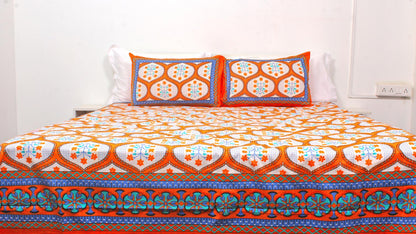 Orange & Blue Ethnic Cotton Printed Double Bedsheet 90 X 100 Inches with 2 Pillow Covers