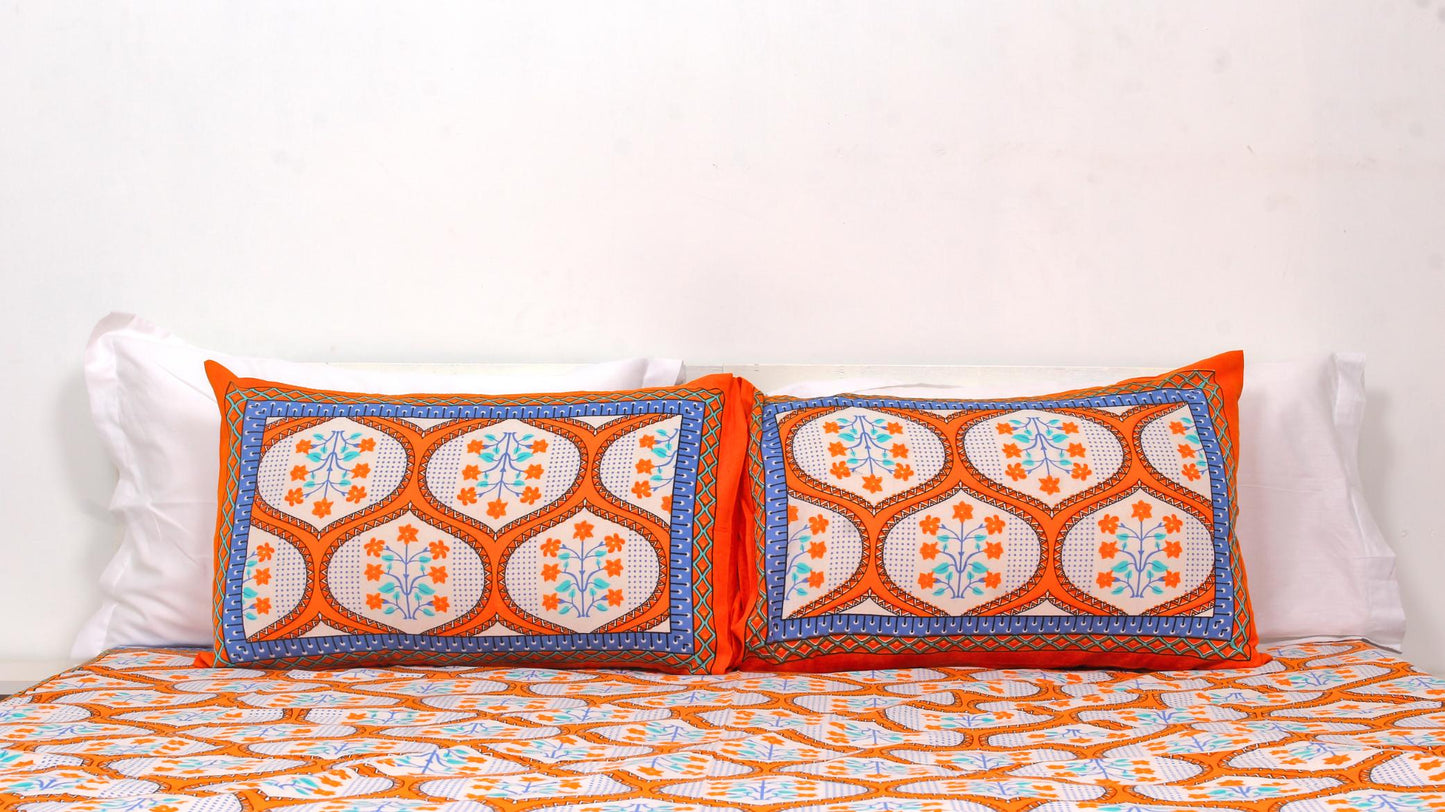 Orange & Blue Ethnic Cotton Printed Double Bedsheet 90 X 100 Inches with 2 Pillow Covers