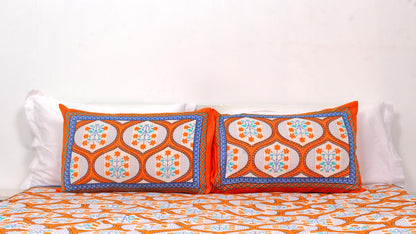 Orange & Blue Ethnic Cotton Printed Double Bedsheet 90 X 100 Inches with 2 Pillow Covers