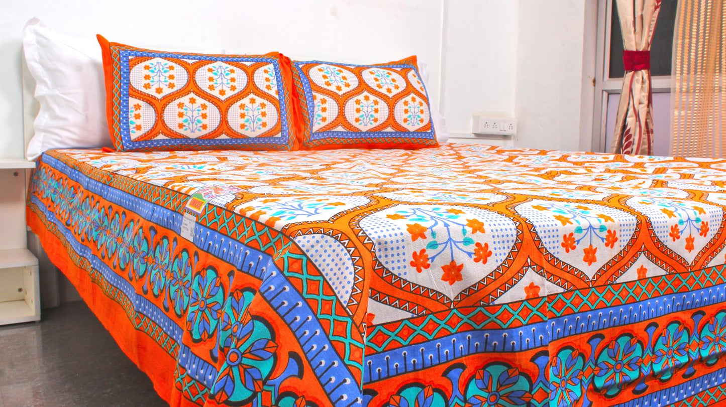 Orange & Blue Ethnic Cotton Printed Double Bedsheet 90 X 100 Inches with 2 Pillow Covers