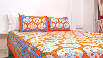 Orange & Blue Ethnic Cotton Printed Double Bedsheet 90 X 100 Inches with 2 Pillow Covers